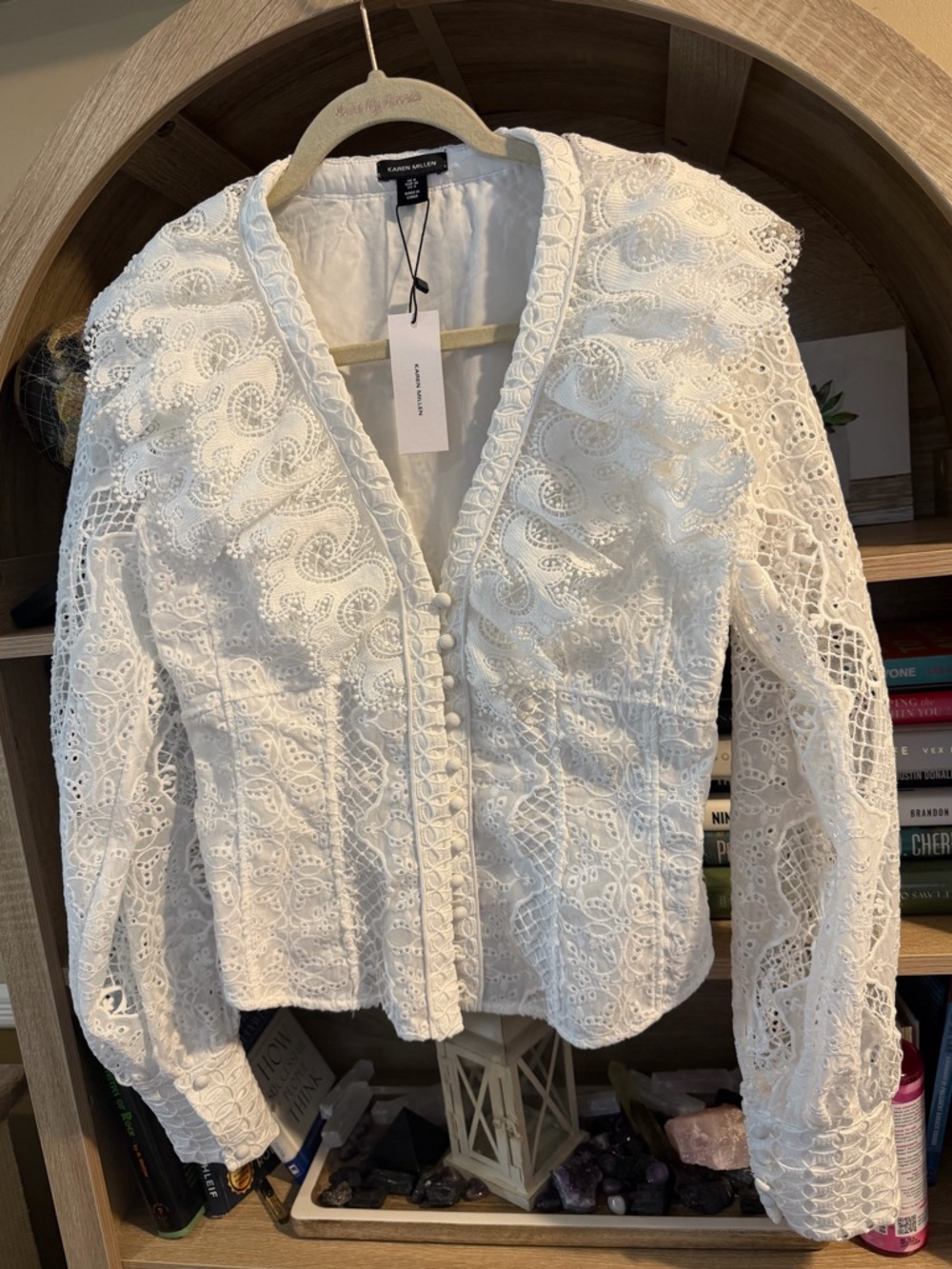 Karen Millen Cream Lace Trim V-Neck Blouse - Picture 3 of 7